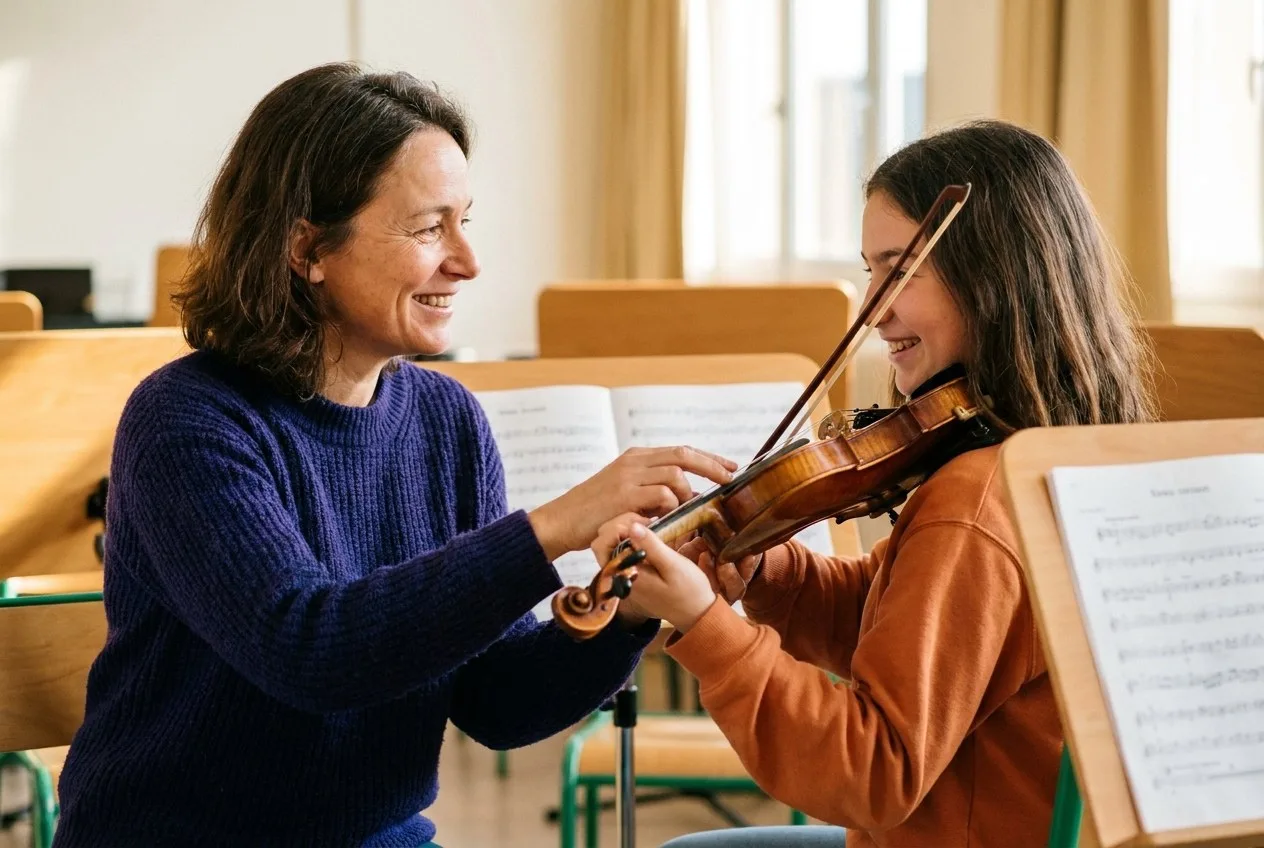 Sophie, violoniste, guide la main d'une élève