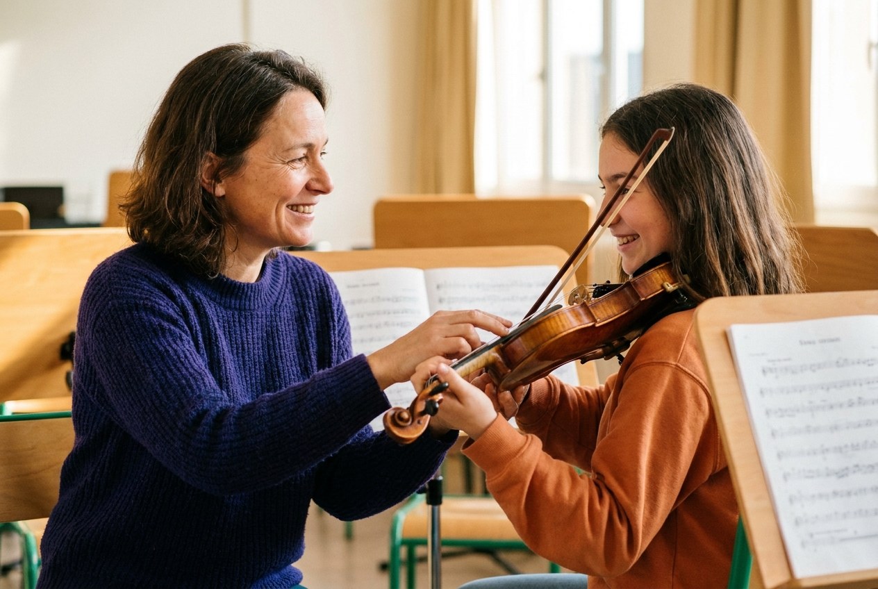Sophie, violoniste, guide la main d'une élève