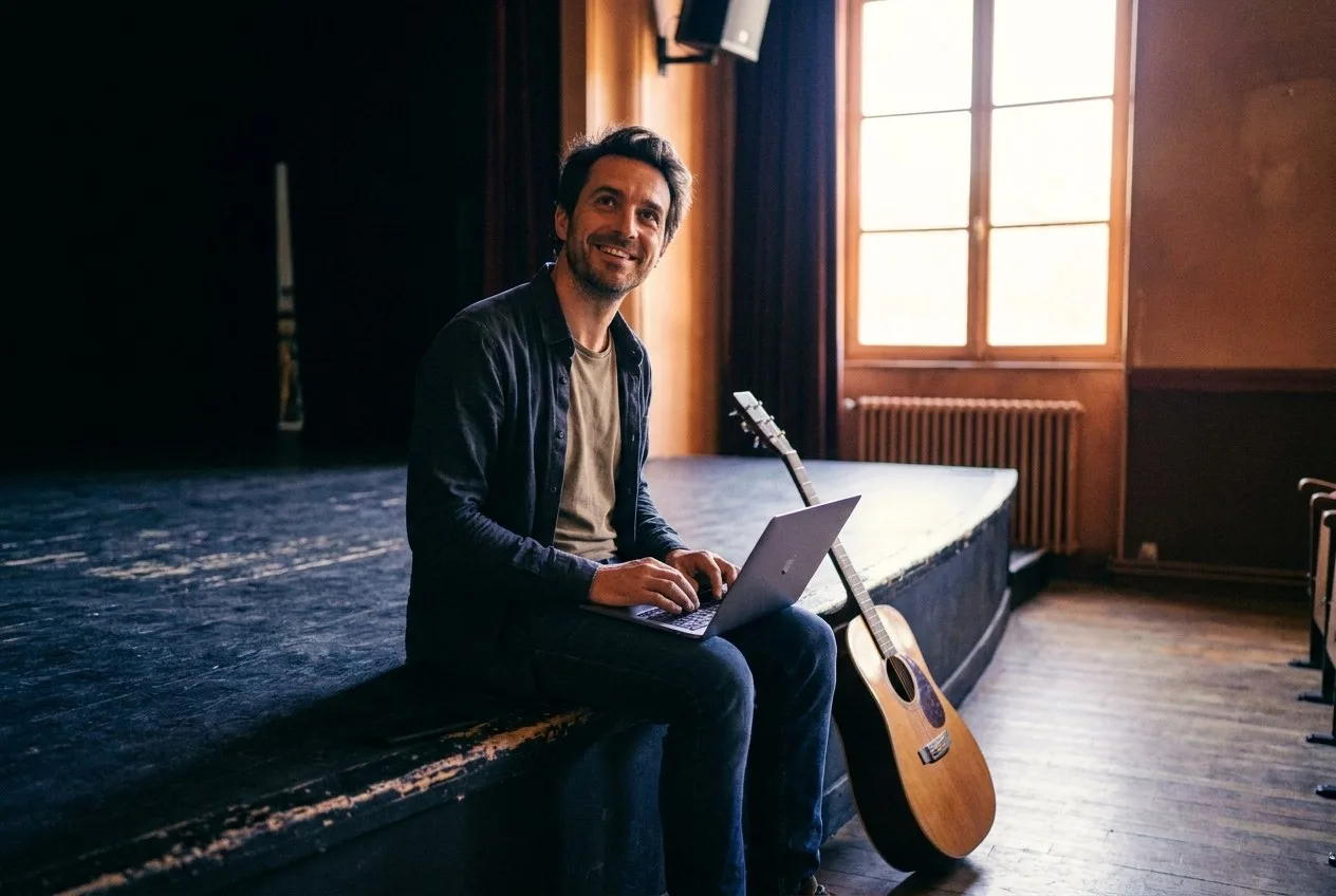 Thomas, comédien-musicien, seul dans une salle de théâtre avec un ordinateur