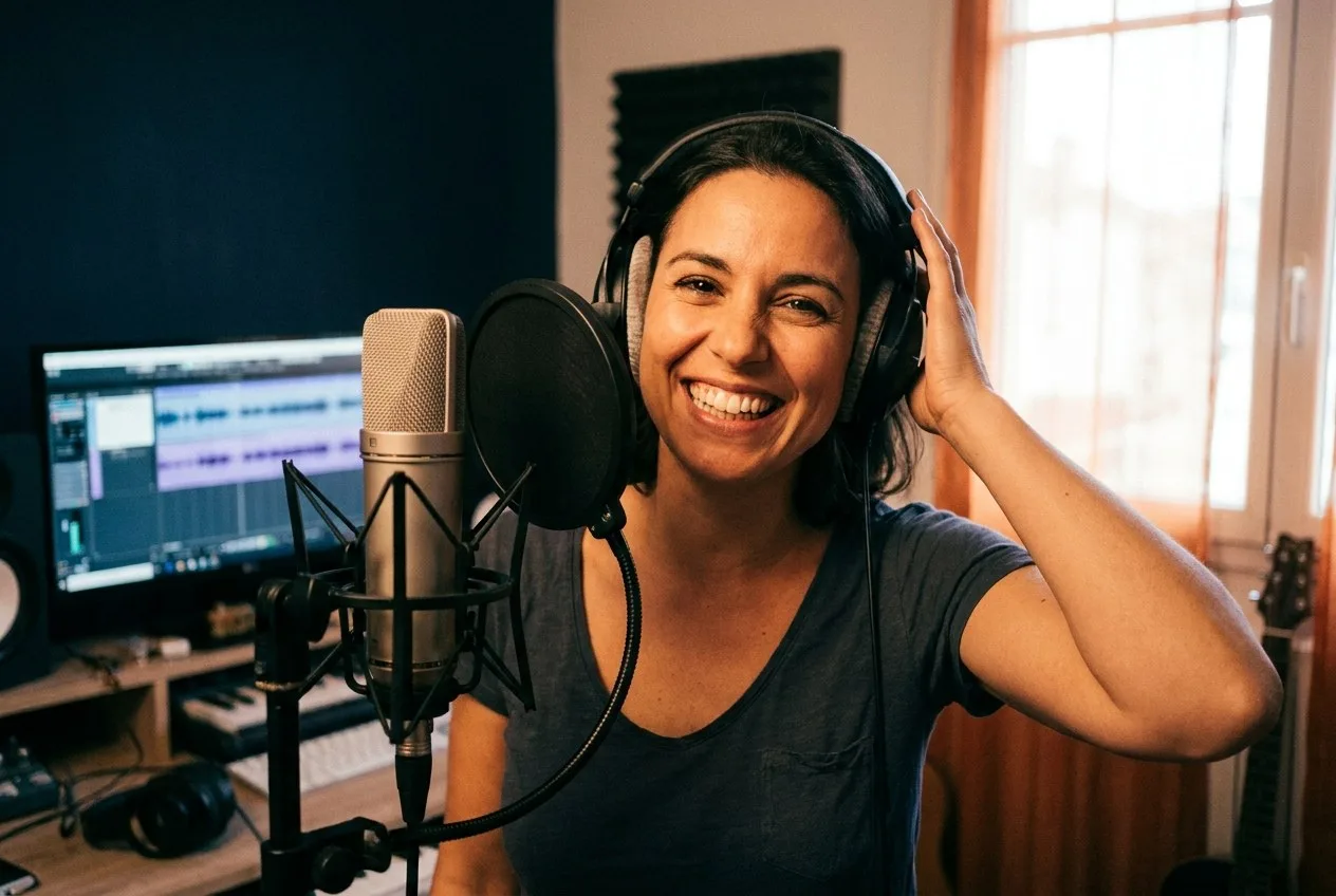 Inès, chanteuse, dans un petit home-studio au micro