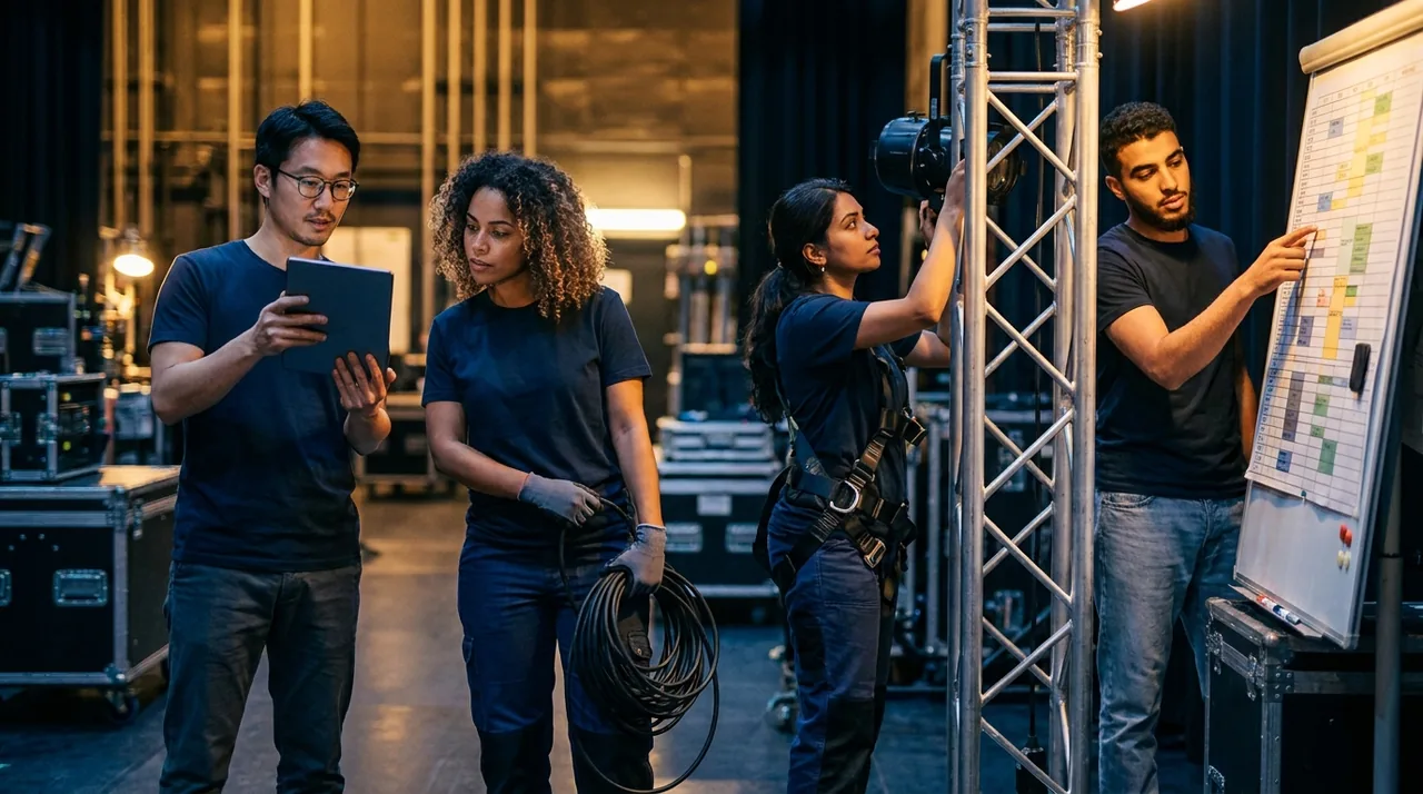 Équipe technique diverse en réunion de plateau avec un contrat en main
