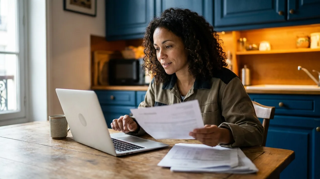 Technicienne intermittente vérifiant ses contrats et bulletins de paie à la maison