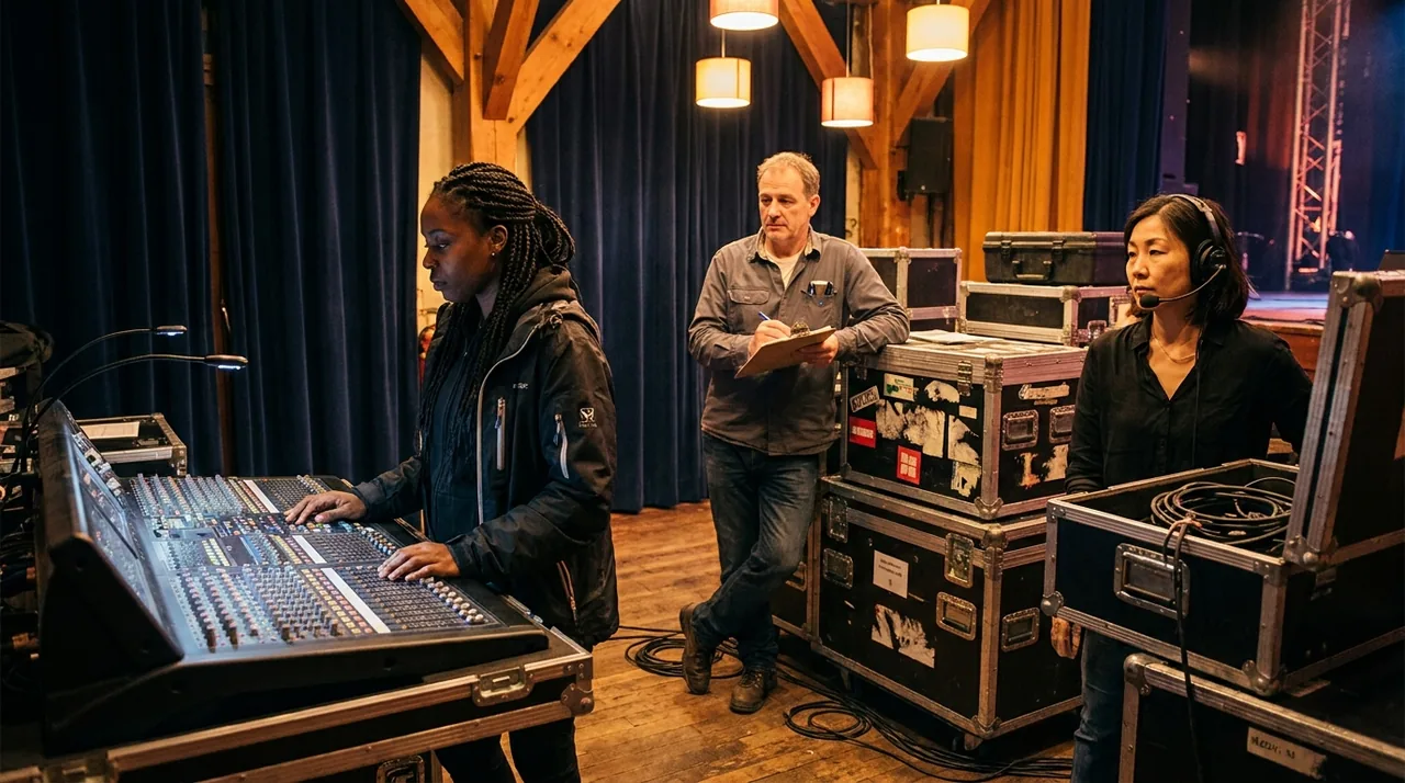 Équipe technique mixte et diverse en coulisses d'une salle de spectacle, ambiance de travail chaleureuse