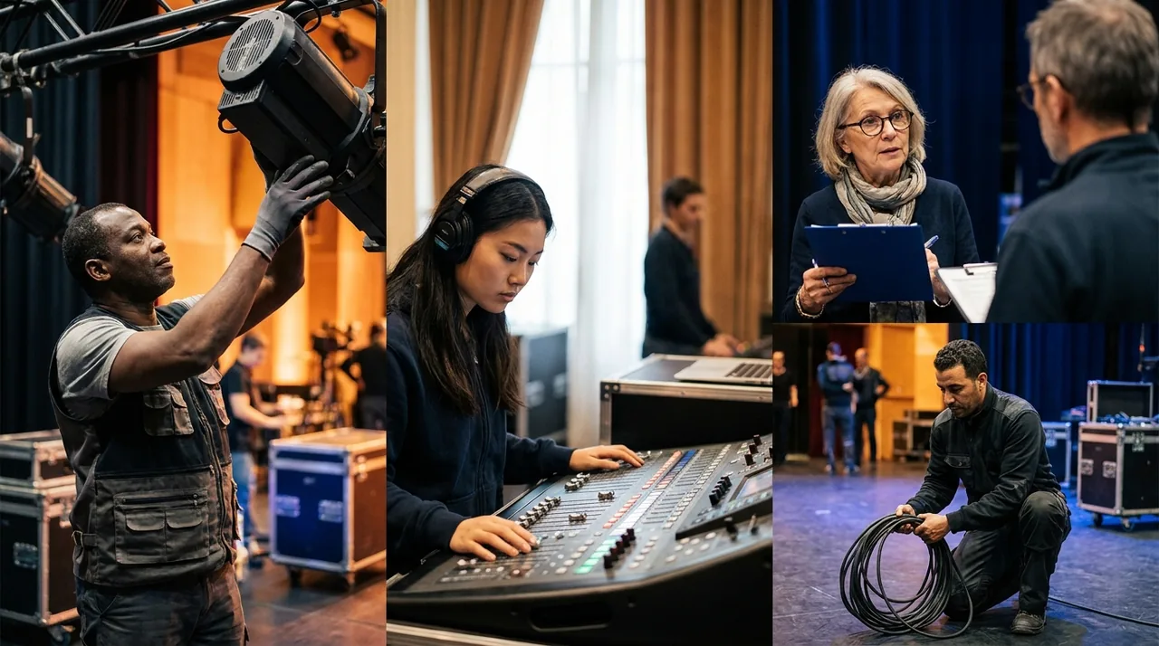 Technicien et technicienne du spectacle en coulisses, l'un consultant un document administratif