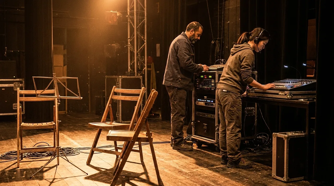 Coulisses d'une salle de spectacle vide, projecteurs allumés sur une scène en bois, ambiance de fin de répétition