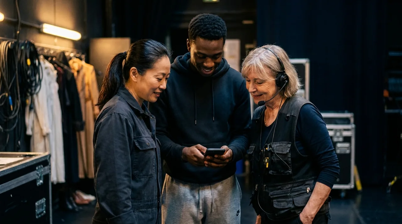 Groupe d'artistes et de techniciens diversifié échangeant en coulisses autour d'un smartphone