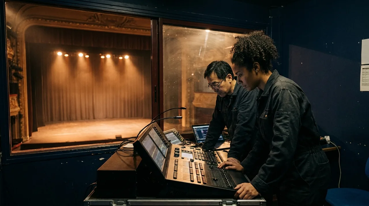 Régie technique d'un théâtre avec pupitre lumière, plateau éclairé en arrière-plan