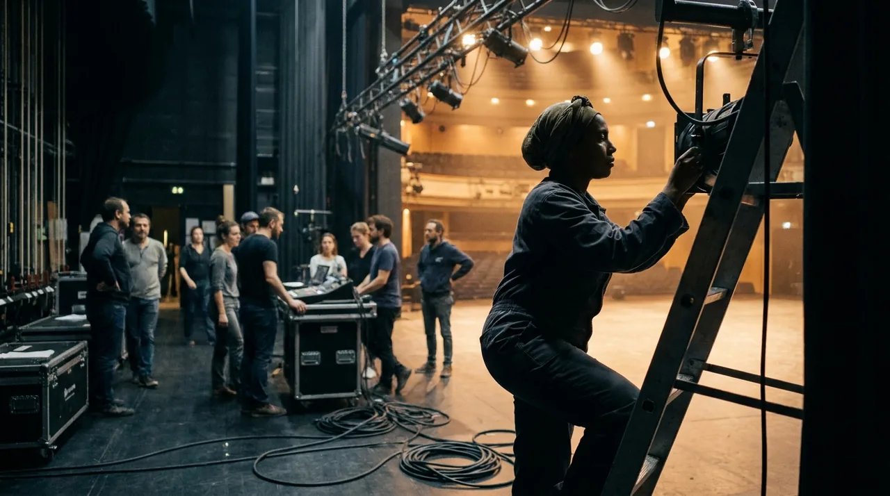 Coulisses d'une salle de spectacle vivant, projecteurs et régie technique en lumière chaude