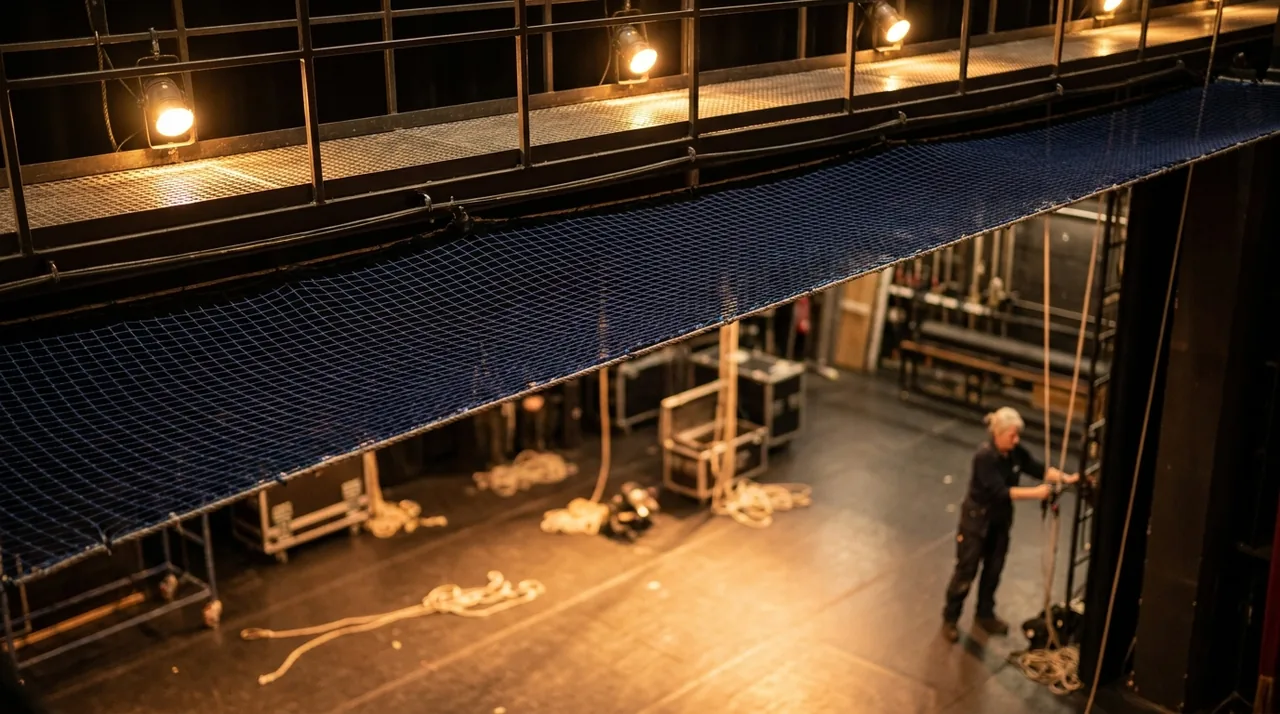 Filet de sécurité tendu sous une passerelle technique au-dessus d'un plateau de théâtre vide