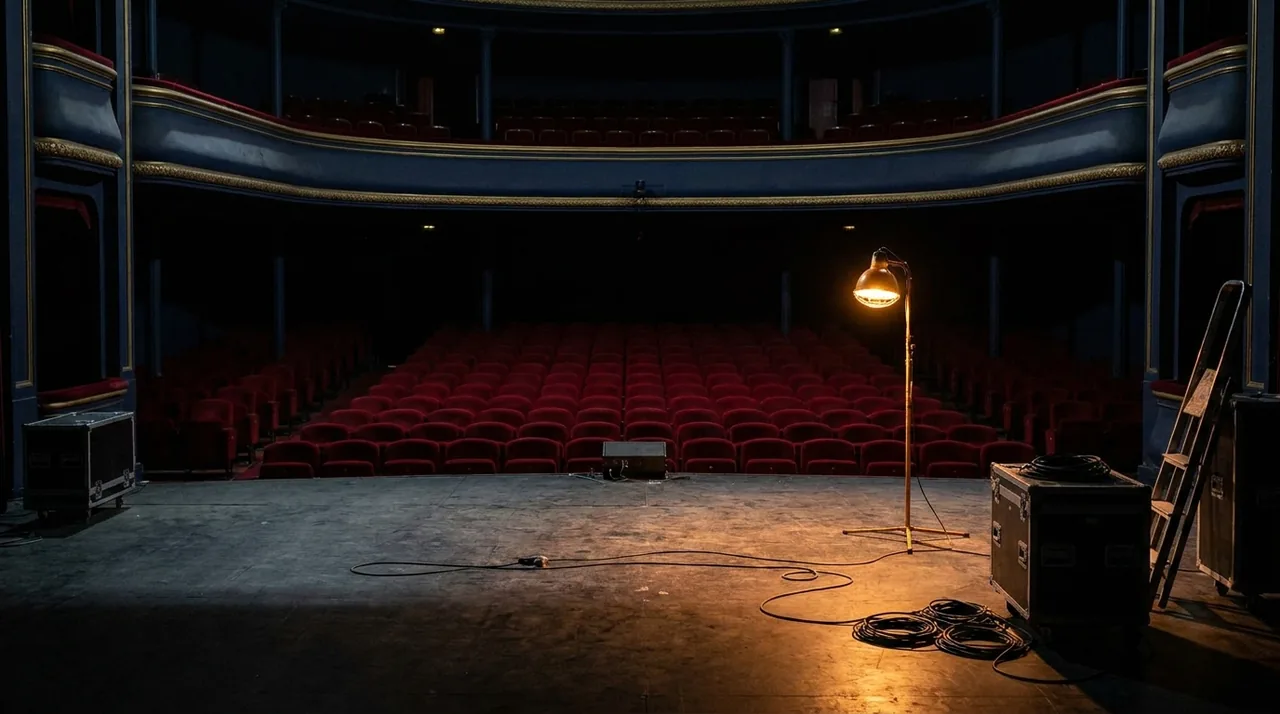 Salle de théâtre vide vue depuis la scène, rangées de fauteuils rouges pliés dans la pénombre