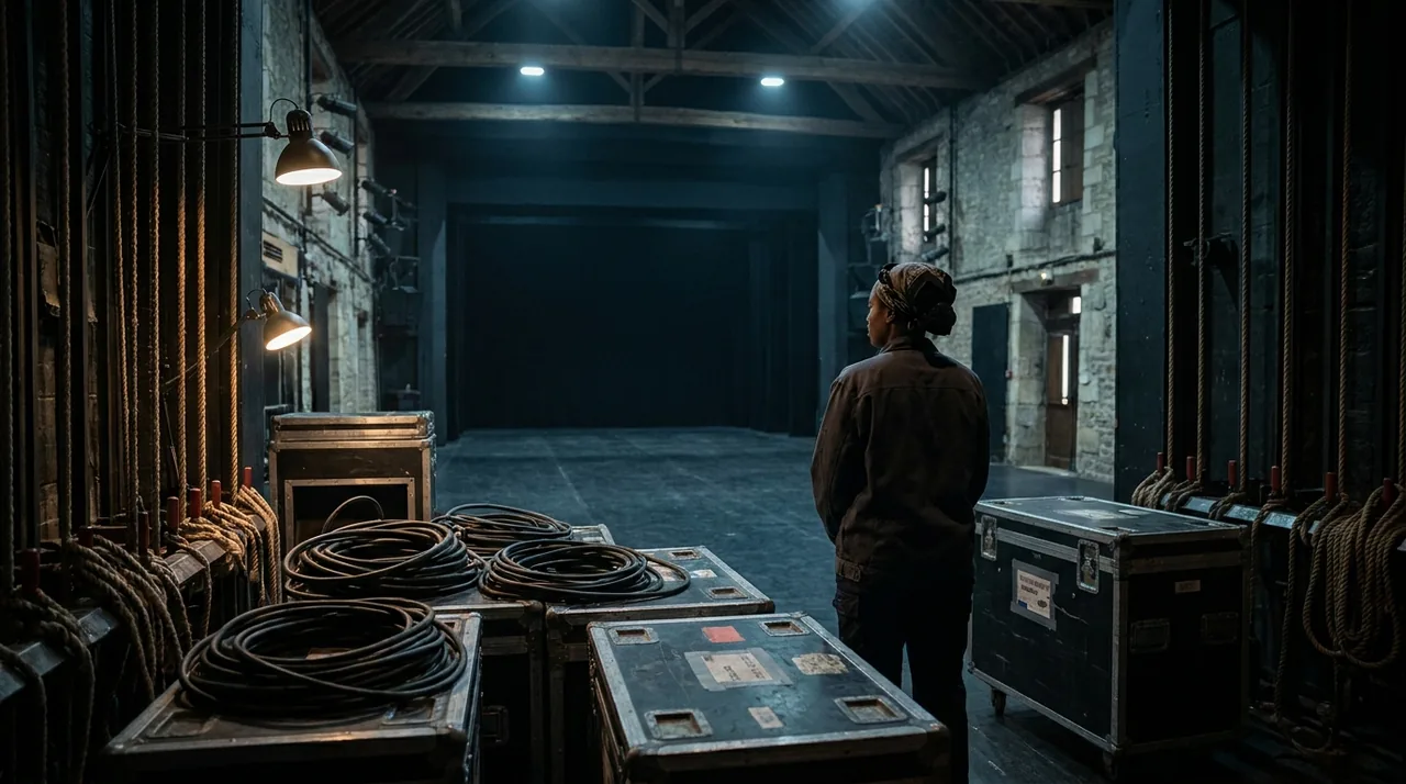 Scène de théâtre national vue depuis les coulisses, plateau vide sous une lumière de service, ambiance d'incertitude budgétaire