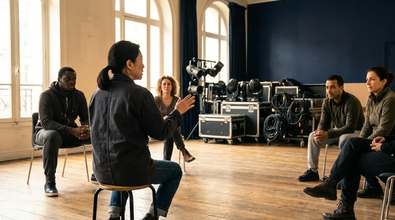 Salle de formation baignée de lumière naturelle avec des artistes et techniciens du spectacle en atelier