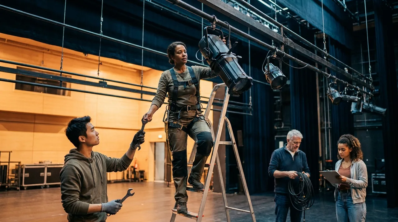 Technicienne du spectacle réglant un projecteur sur un plateau, illustrant la distinction entre artistes et techniciens intermittents face à la réforme des cotisations