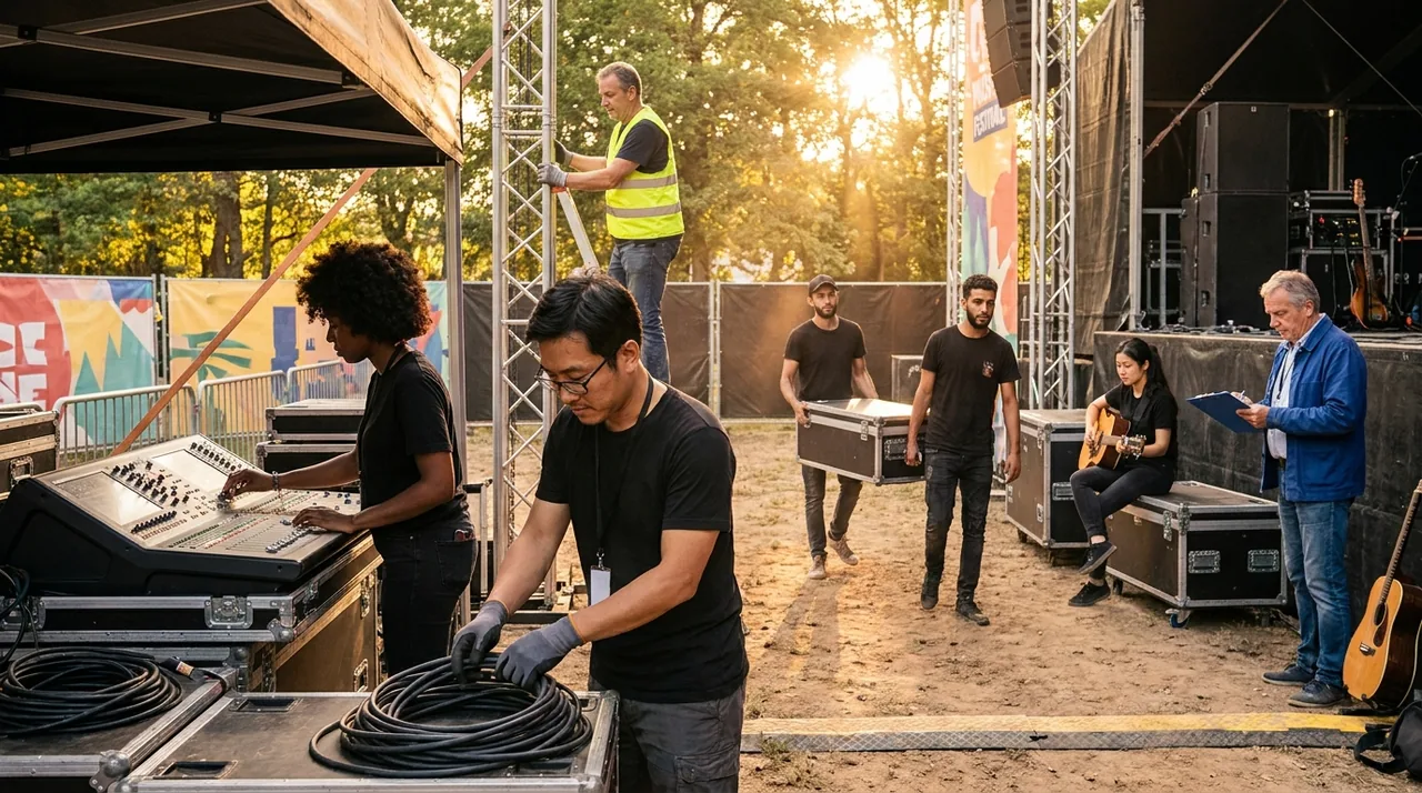 Techniciens et musiciens de différentes origines s'affairent sur une scène de festival en plein montage, en pleine lumière du jour