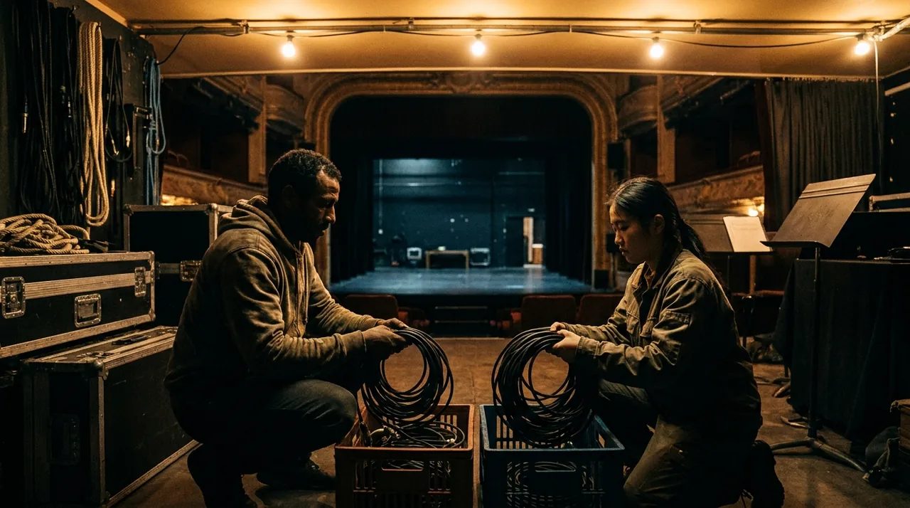 Coulisses d'un théâtre, un technicien range du matériel dans une lumière douce de fin de représentation