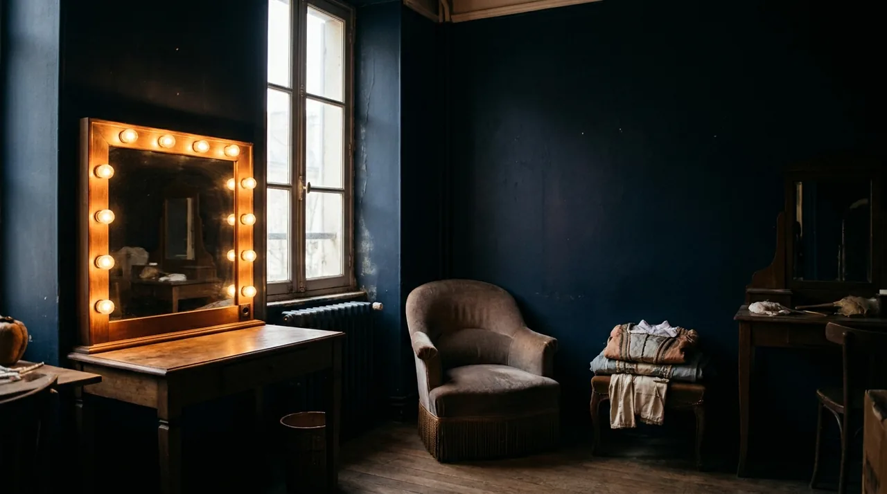 Loge de théâtre française vide, miroir entouré d'ampoules et fauteuil, lumière chaude et calme avant la représentation
