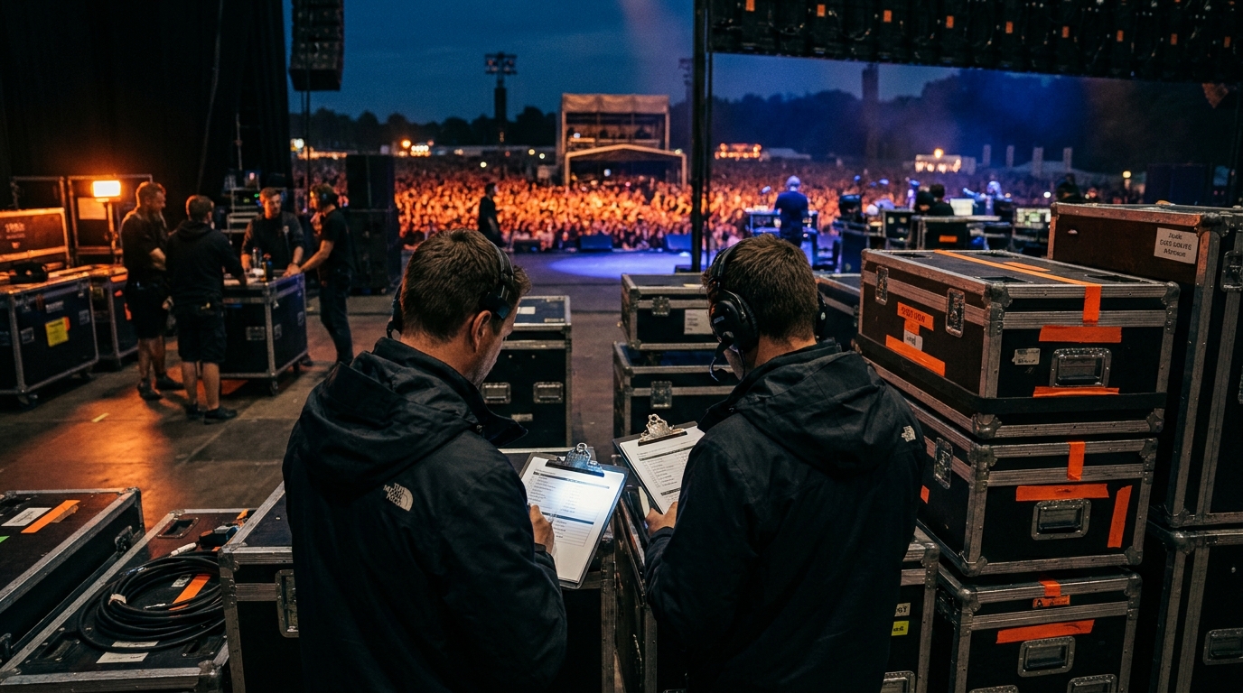 Régie d'un concert international en coulisses, équipe de production casque sur les oreilles devant les flight cases, scène éclairée en arrière-plan, ambiance de tournée