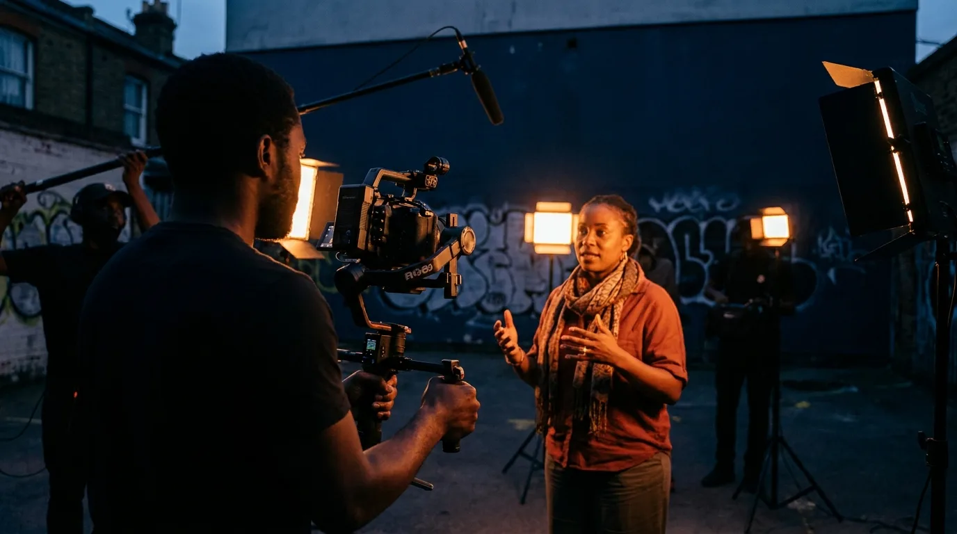Tournage d'une interview en extérieur, réalisateur cadrant un entrepreneur, lumière chaude et ambiance documentaire urbaine