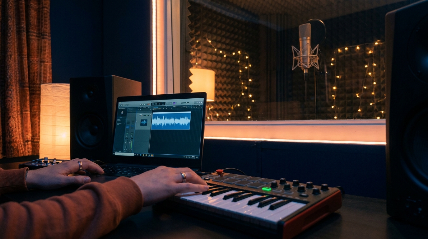 Séance de home-studio, mains anonymes sur un clavier maître et une station audio-numérique, micro en cabine et lumière chaude