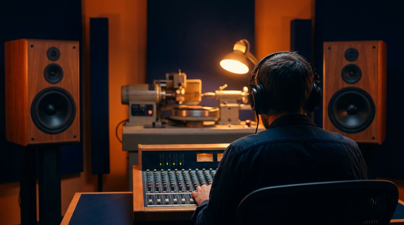 Studio de mastering en session, ingénieur du son de dos devant une console et une paire d'enceintes de monitoring, machine de gravure vinyle en arrière-plan, lumière tamisée