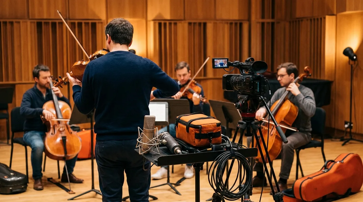 Répétition d'un pupitre de cordes captée en studio, une altiste vue de dos à l'archet et un dispositif de captation sonore et vidéo en place, lumière chaleureuse