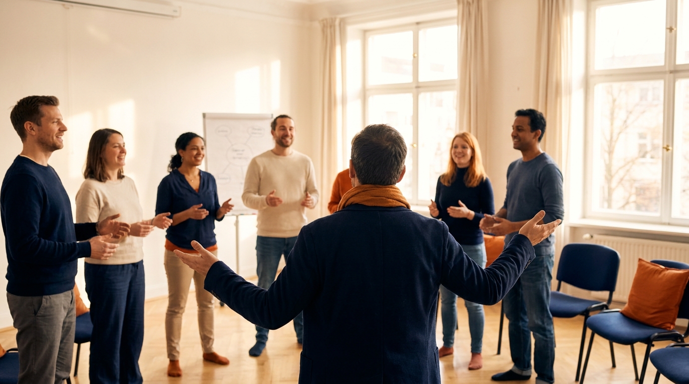 Atelier de coaching vocal en entreprise, un groupe debout en cercle travaille la voix et la prise de parole, lumière douce de salle de séminaire