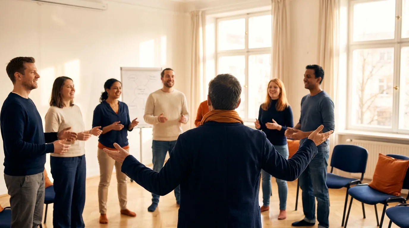 Atelier de coaching vocal en entreprise, un groupe debout en cercle travaille la voix et la prise de parole, lumière douce de salle de séminaire