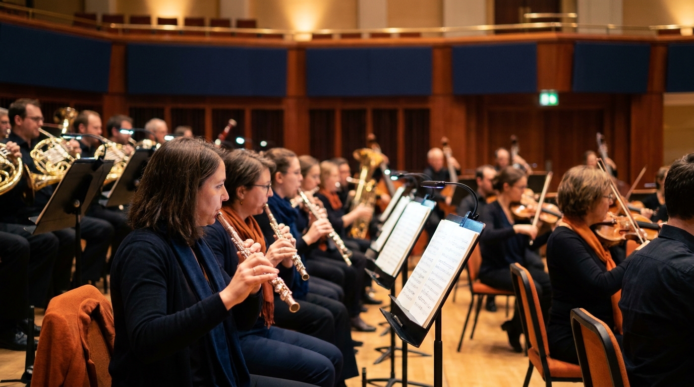 Répétition d'orchestre symphonique en salle, pupitre de flûtes vu de côté, musiciens concentrés partitions ouvertes, lumière chaude de scène