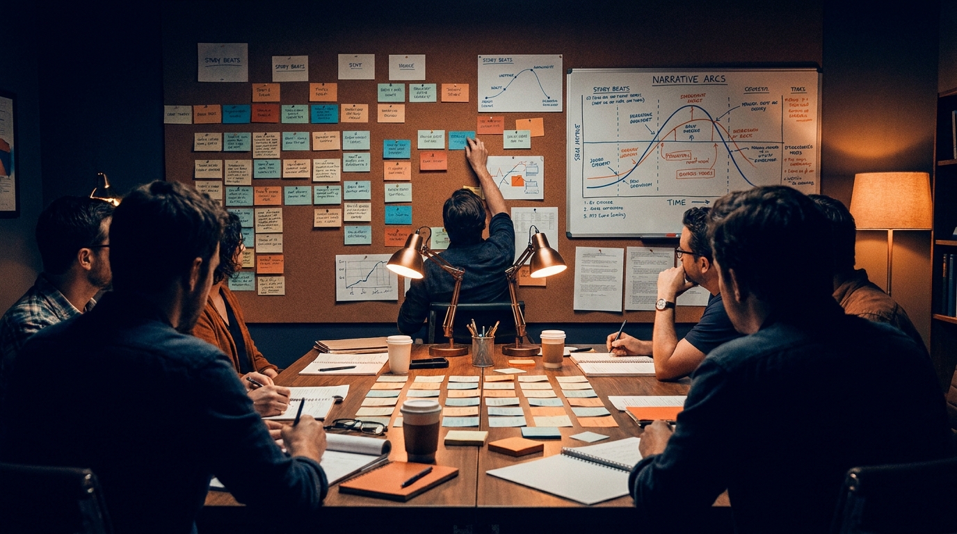 Atelier d'écriture de scénario en cours : des auteurs autour d'une table de travail couverte de cartes de séquences et de tableaux narratifs, ambiance de salle de writers' room