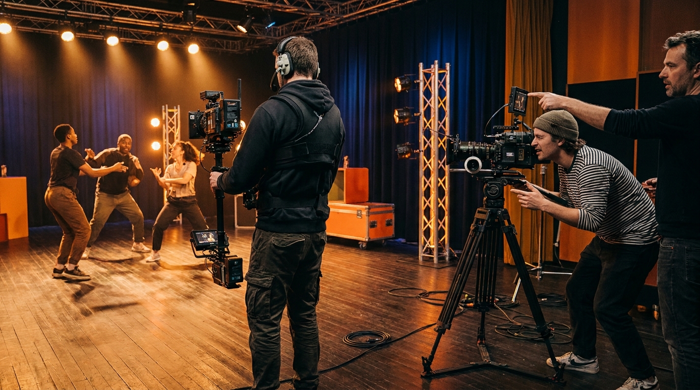 Tournage pédagogique sur un plateau de spectacle, artistes filmés par une caméra professionnelle, éclairage studio ambré et régie image