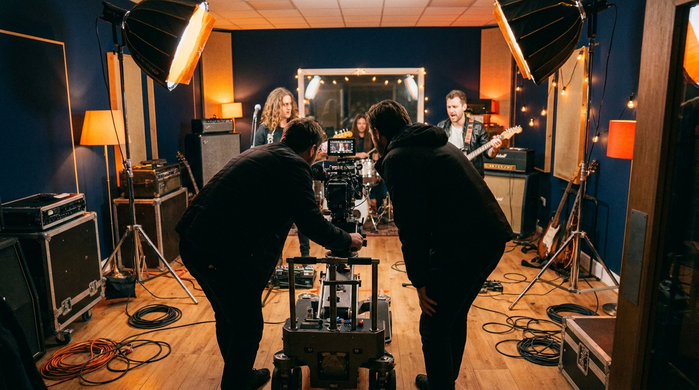 Tournage d'un vidéoclip musical, une équipe filme un groupe en répétition dans un local, câbles et projecteurs, ambiance chaleureuse