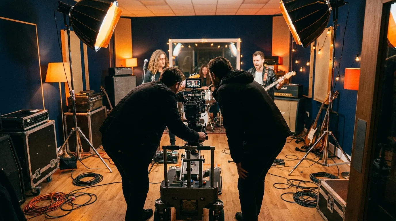 Tournage d'un vidéoclip musical, une équipe filme un groupe en répétition dans un local, câbles et projecteurs, ambiance chaleureuse