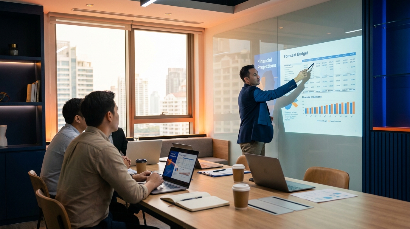 Atelier de conseil en gestion d'entreprise : trois entrepreneurs de dos autour d'une table, tableau de budget prévisionnel et documents financiers au premier plan