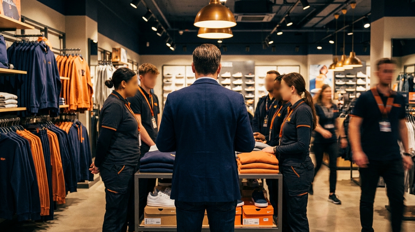 Réunion d'équipe dans la réserve d'un grand magasin de sport avant l'ouverture, un manager briefe des vendeurs autour des rayons