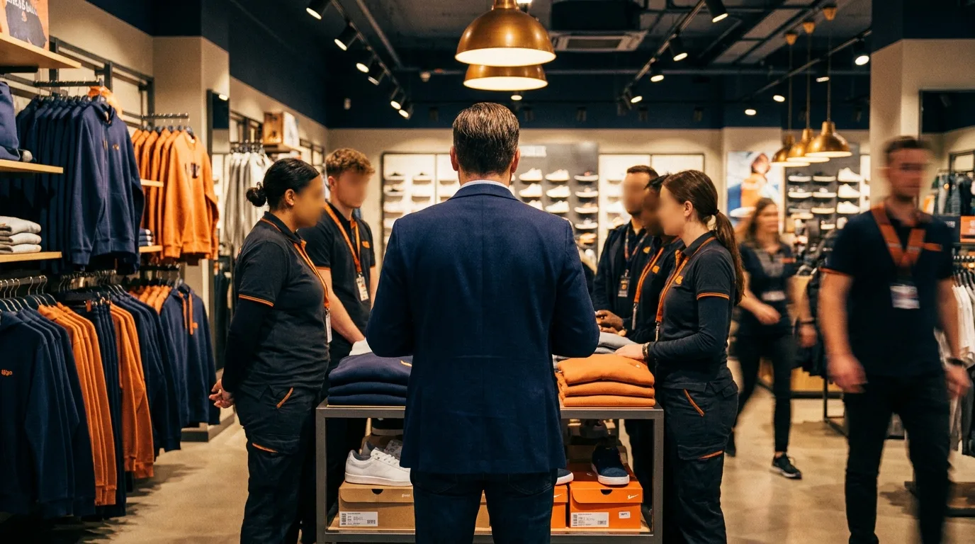 Réunion d'équipe dans la réserve d'un grand magasin de sport avant l'ouverture, un manager briefe des vendeurs autour des rayons