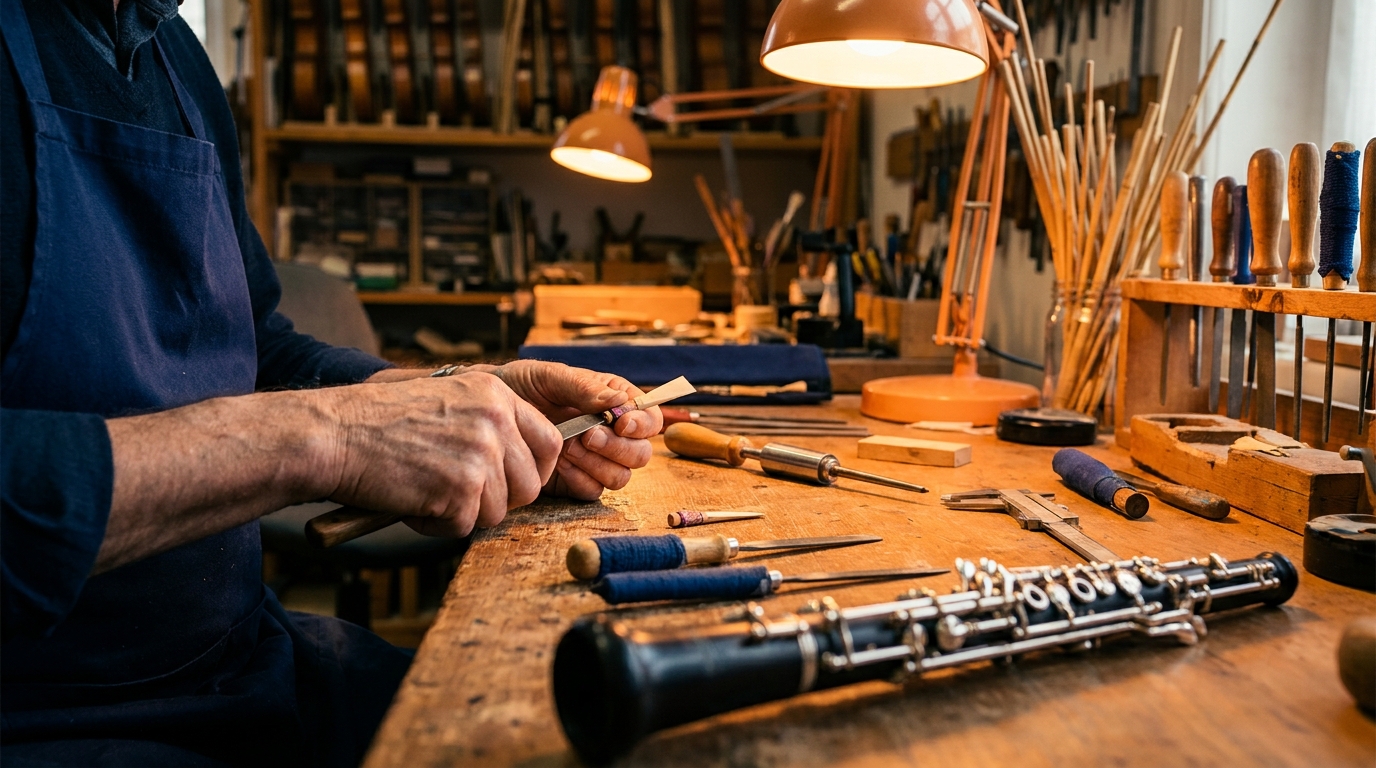 Atelier de facture instrumentale, mains anonymes travaillant des roseaux et anches de hautbois sur un établi sous une lumière chaude