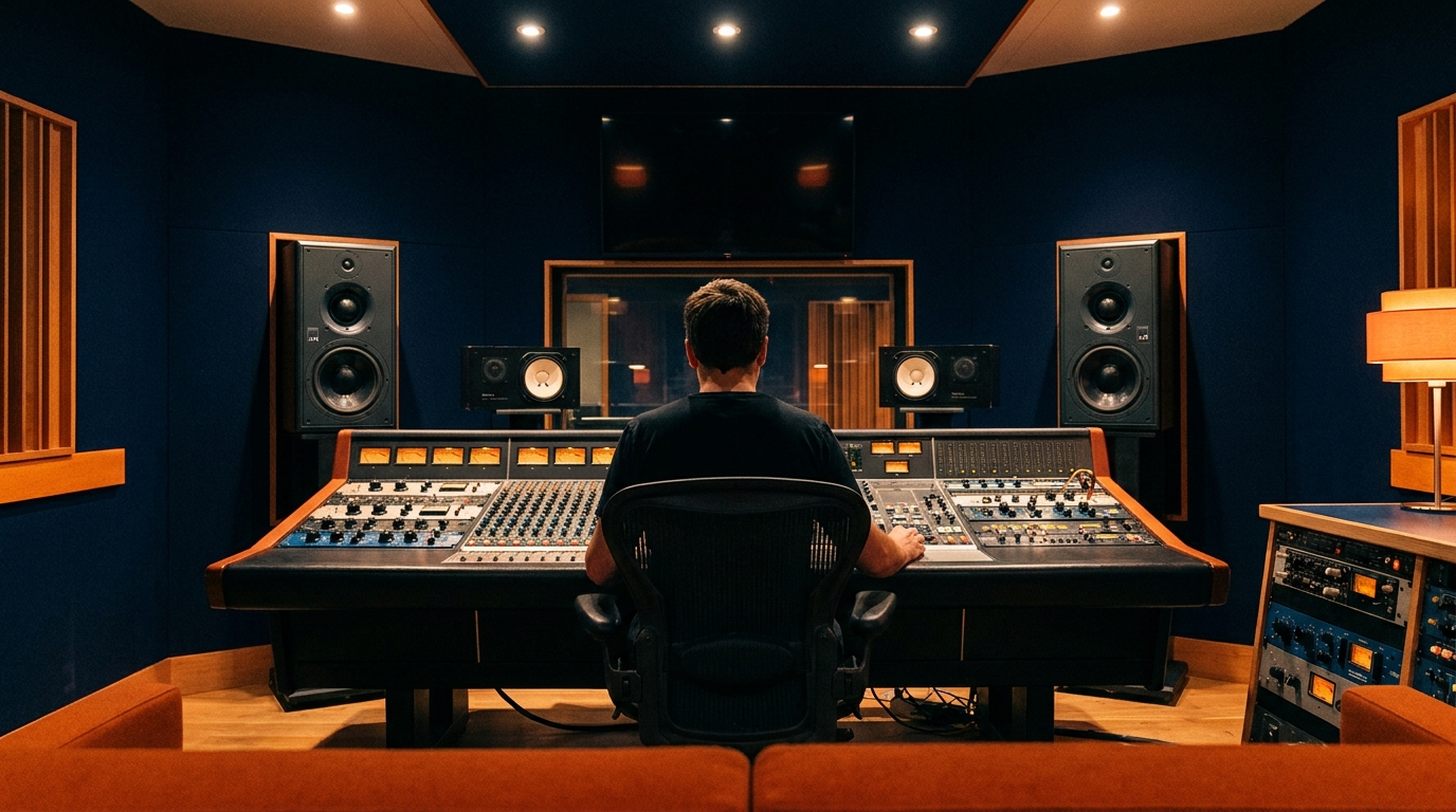 Studio de mastering en séance, ingénieur du son de dos face à une console analogique et des enceintes de monitoring, lumière ambrée