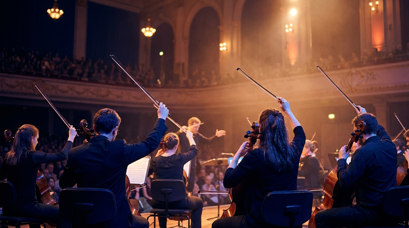 Pupitre de violoncelles d'un orchestre symphonique en concert, archets levés et lumière chaude de salle, musiciens vus de dos