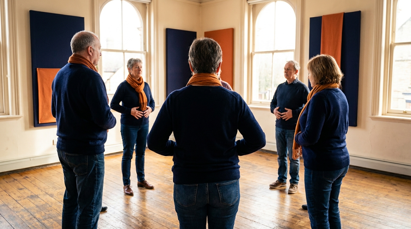 Atelier de coaching vocal en cours, stagiaires debout en cercle travaillant la voix, mains sur le diaphragme, lumière chaude de salle de répétition