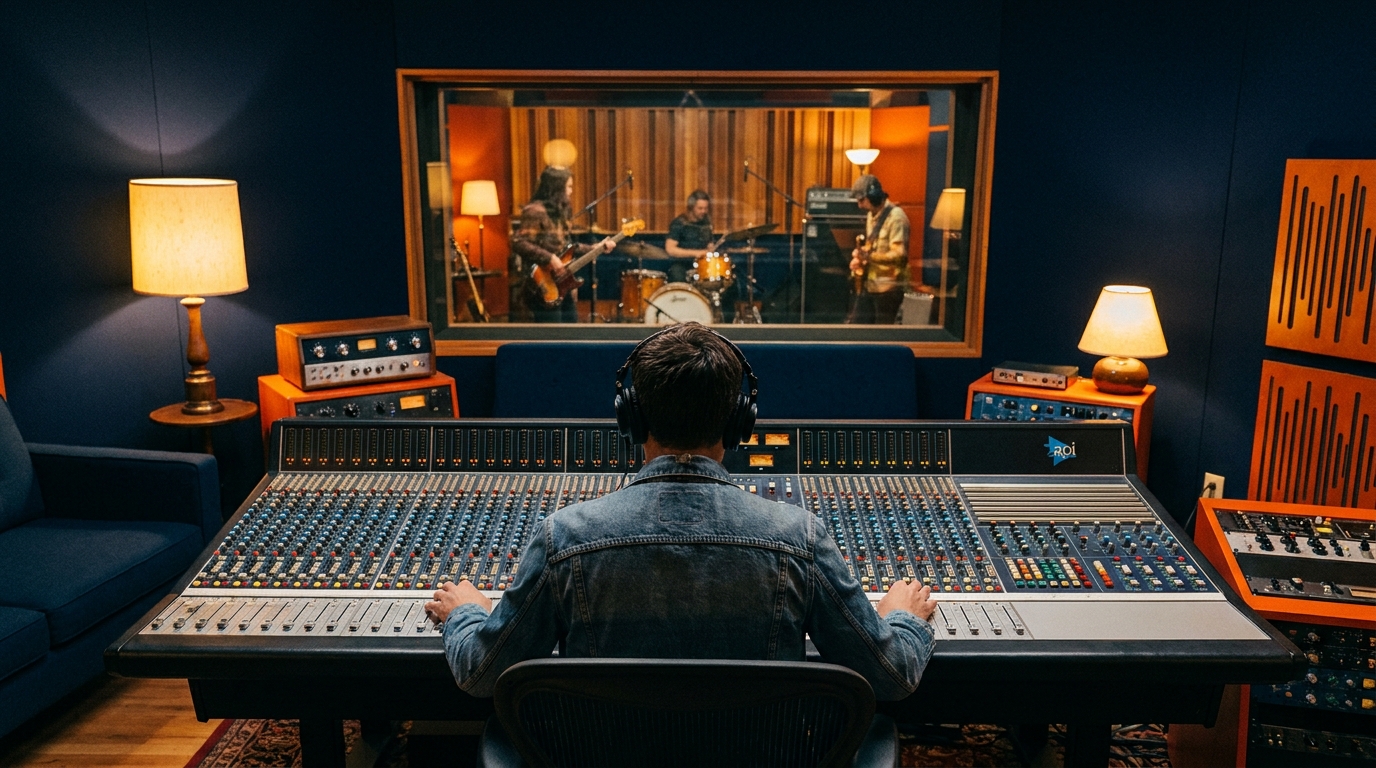 Séance d'enregistrement en studio : ingénieur du son de dos face à une grande console de mixage, cabine de prise éclairée en arrière-plan