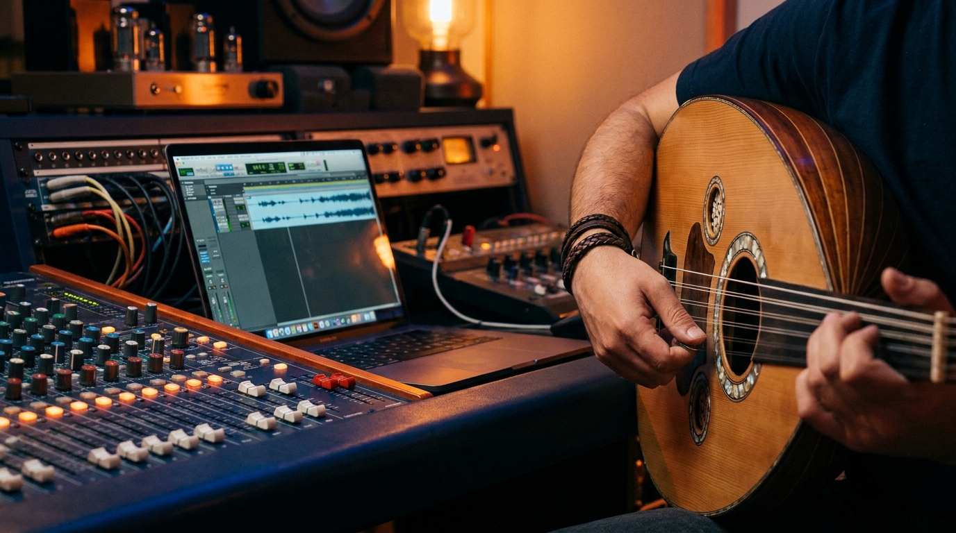 Session de musique hybride en studio : mains sur un oud posé près d'une station de MAO et d'une table de mixage, lumière chaude ambrée