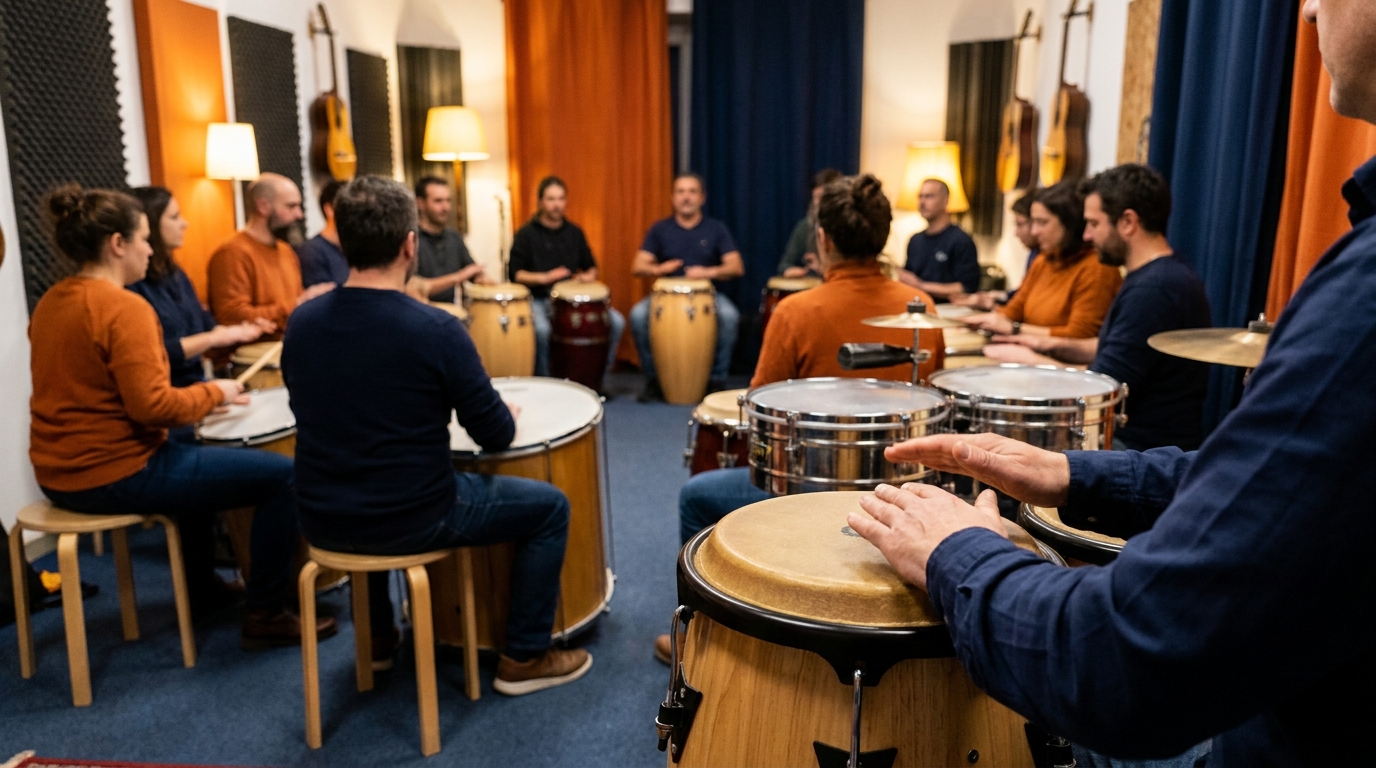 Atelier de percussions afro-cubaines en action, mains sur les congas et tambours brésiliens, cercle de musiciens vus de dos dans une lumière chaude