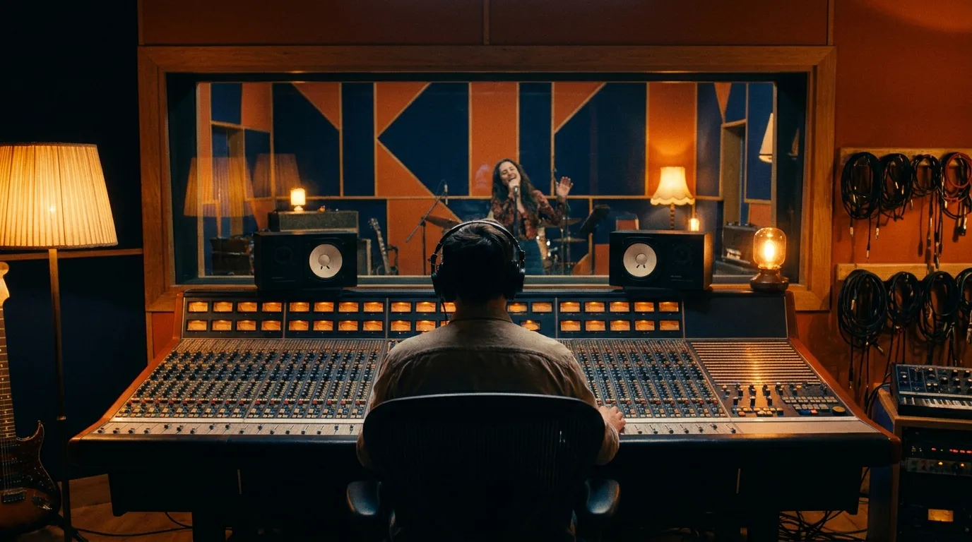 Grande console de mixage analogique vue de dos, un ingénieur du son aux commandes et un chanteur en cabine acoustique derrière la vitre, lumière chaude de studio