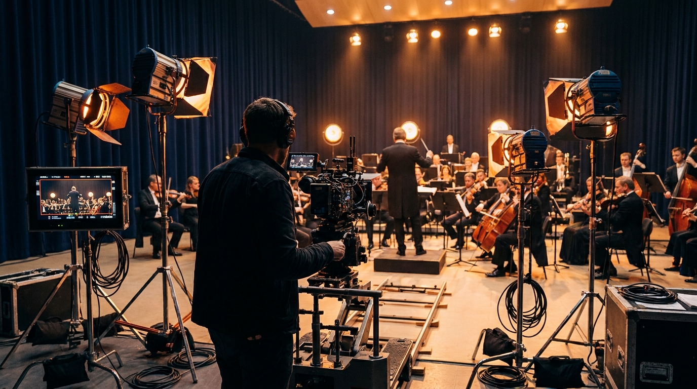 Tournage d'une captation musicale, réalisateur de dos derrière la caméra face à un orchestre, projecteurs et retour vidéo, lumière chaude