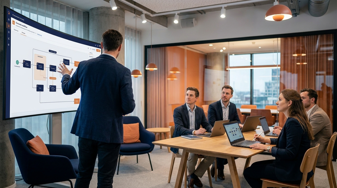 Atelier de transformation digitale en entreprise, une équipe autour d'un tableau de workflows automatisés et d'écrans, lumière contemporaine