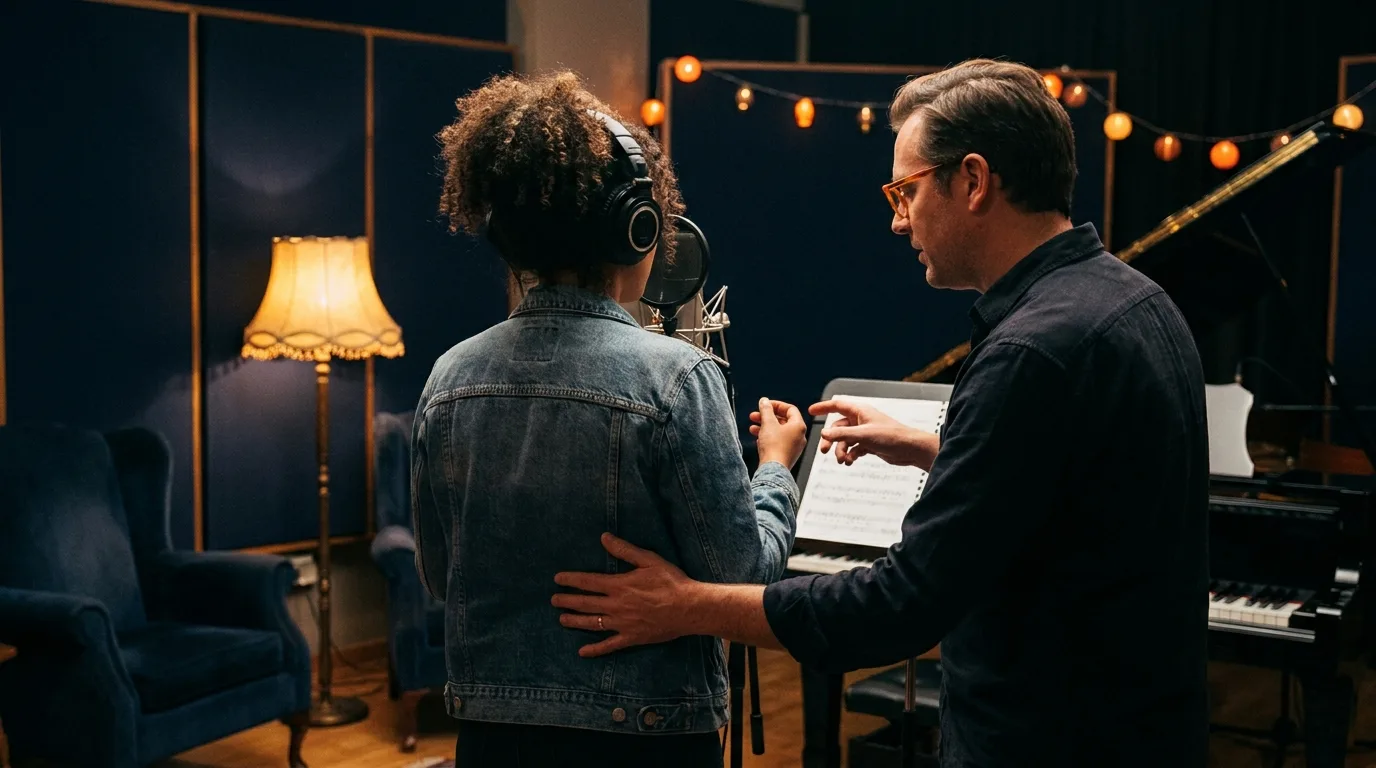 Séance de coaching vocal en studio, une chanteuse de dos au micro et une formatrice guidant le geste vocal, lumière chaude