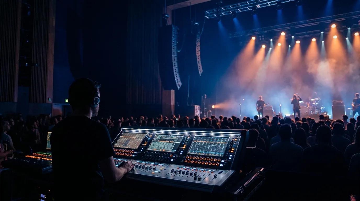 Régie son en plein concert vue de dos, technicien devant une grande console numérique, ligne-source suspendue et scène éclairée face à lui, lumière ambrée