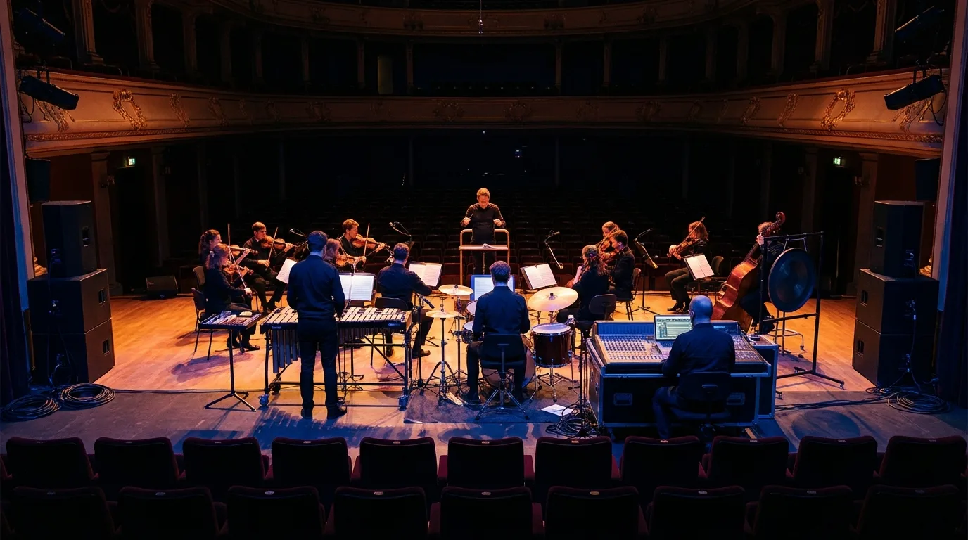 Répétition d'un ensemble de musique contemporaine vue depuis le fond de la salle, musiciens autour d'un compositeur pilotant l'électronique en direct sur ordinateur et console