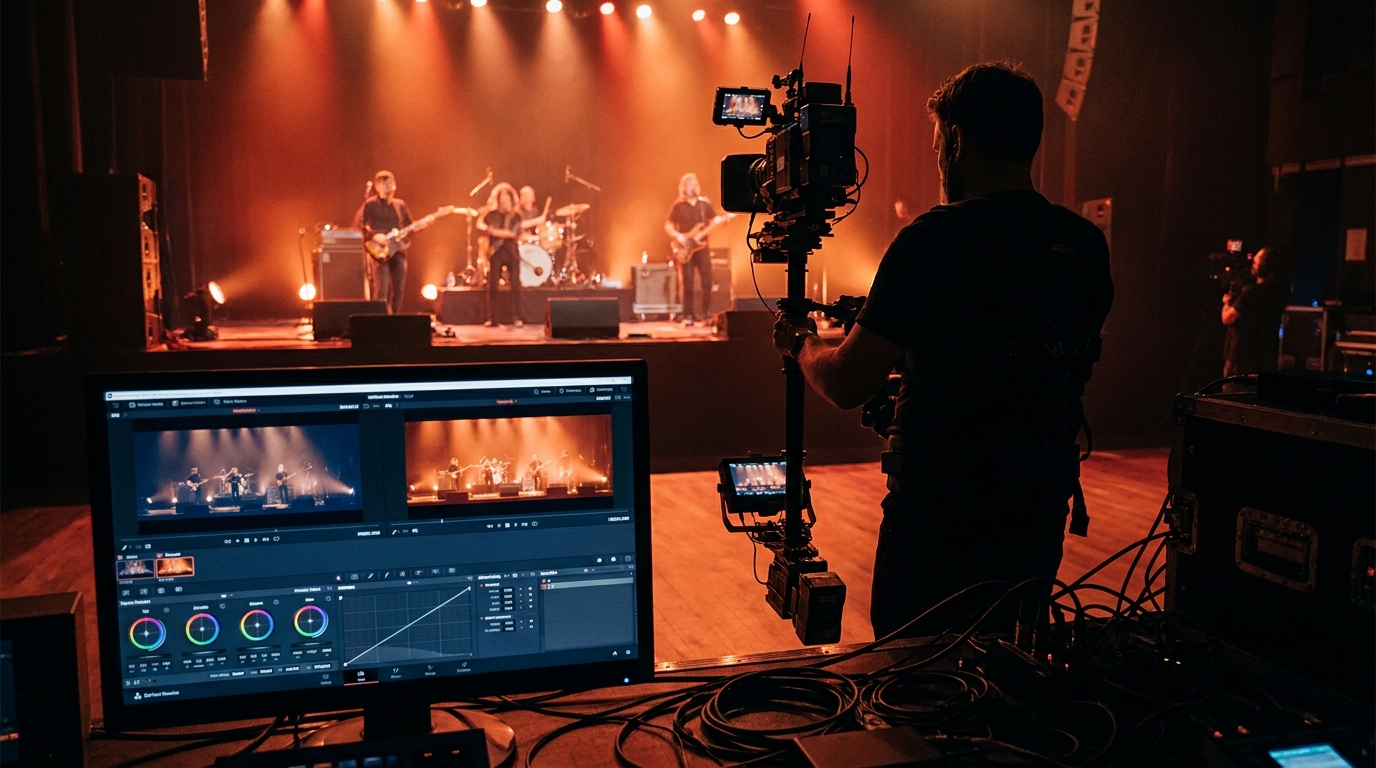 Captation multicaméra d'un concert et suite de montage en cours, un opérateur derrière sa caméra vu de dos et un étalonnage colorimétrique à l'écran, lumière ambrée