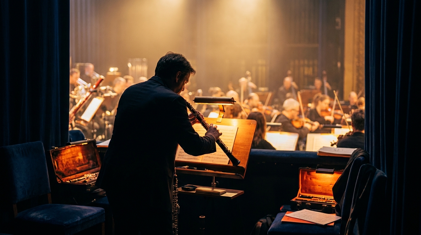 Répétition d'orchestre en fosse, pupitres de vents et hautboïste vu de dos préparant son anche sous une lumière ambrée